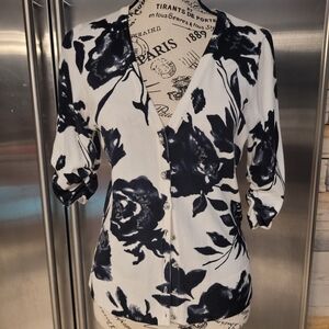 INC International Concepts Black and White Floral Button Down Shirt